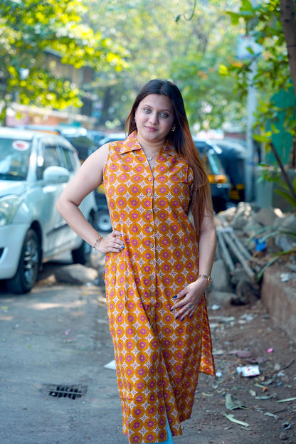 Sleeveless Mustard Hand Printed Cotton Long Kurti