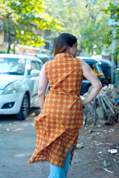 Sleeveless Mustard Hand Printed Cotton Long Kurti