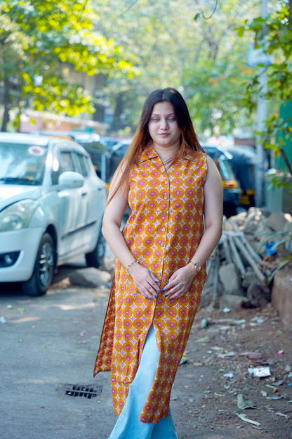 Sleeveless Mustard Hand Printed Cotton Long Kurti