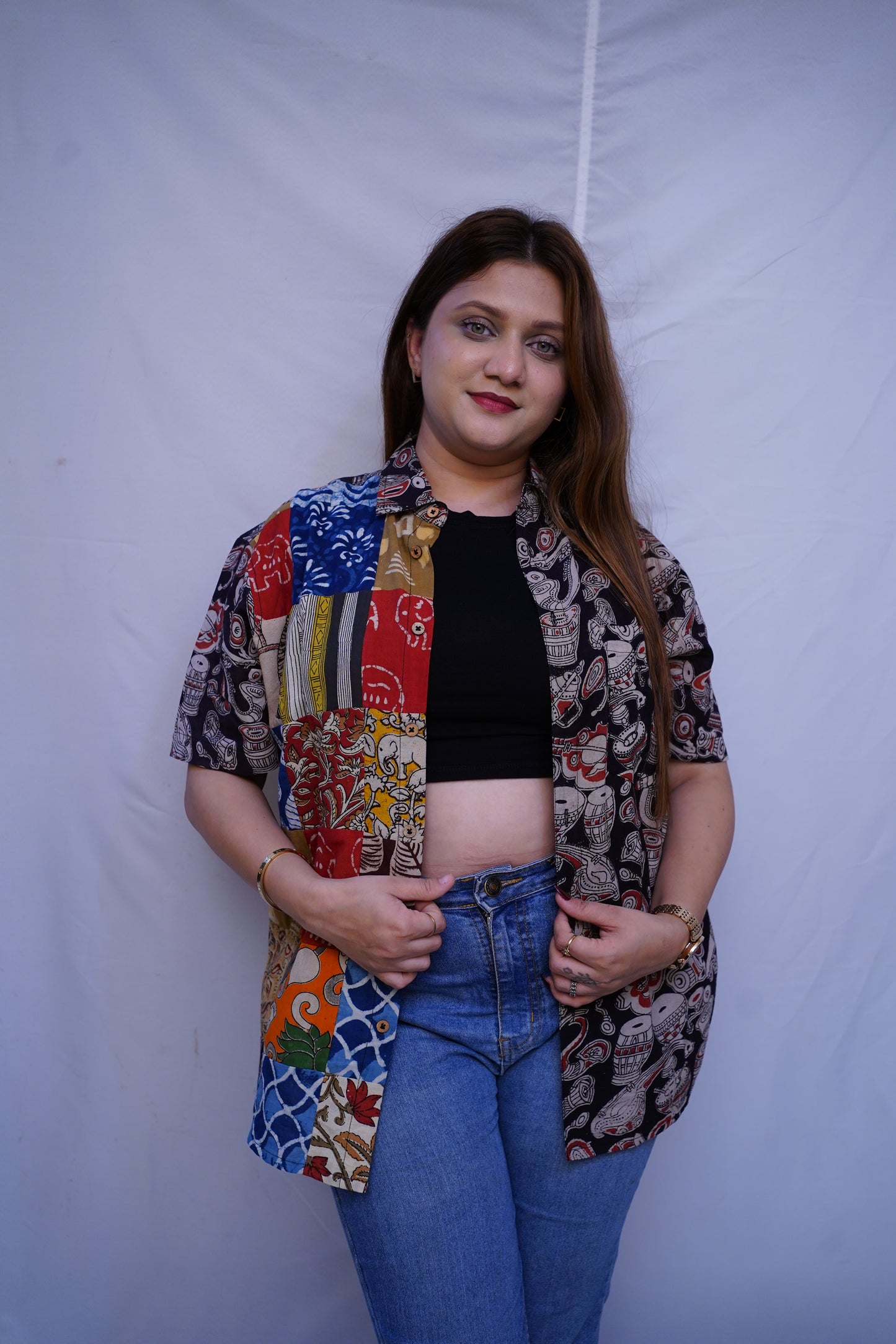 100% Cotton Black Kalamkari HandBlock Patchwork Shirt for Women | Rooh E Azah