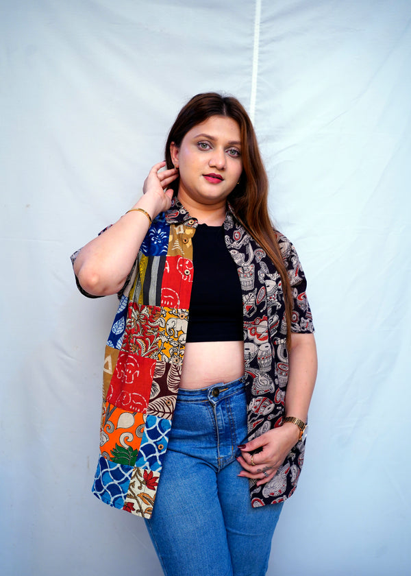100% Cotton Black Kalamkari HandBlock Patchwork Shirt for Women | Rooh E Azah