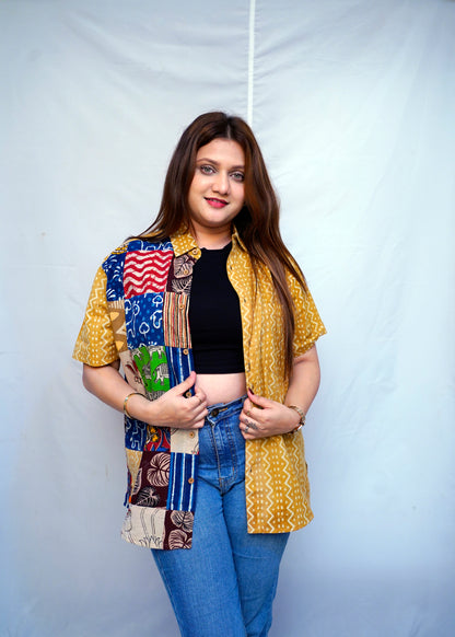 Cotton Mustard Bagru HandBlock Patchwork Shirt for Women | Rooh E Azah