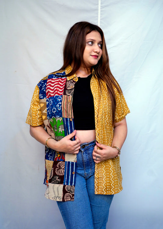 Cotton Mustard Bagru HandBlock Patchwork Shirt for Women | Rooh E Azah