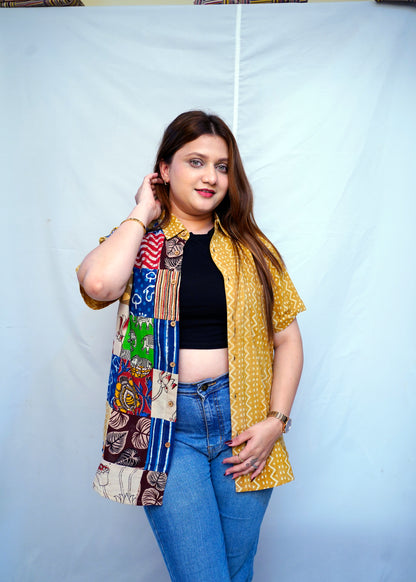 Cotton Mustard Bagru HandBlock Patchwork Shirt for Women | Rooh E Azah