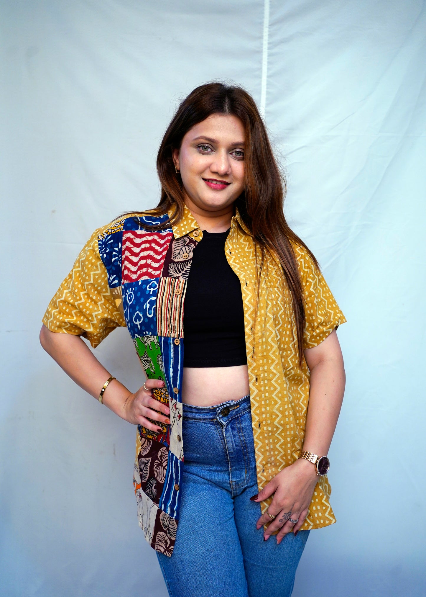Cotton Mustard Bagru HandBlock Patchwork Shirt for Women | Rooh E Azah