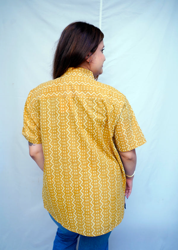 Cotton Mustard Bagru HandBlock Patchwork Shirt for Women | Rooh E Azah