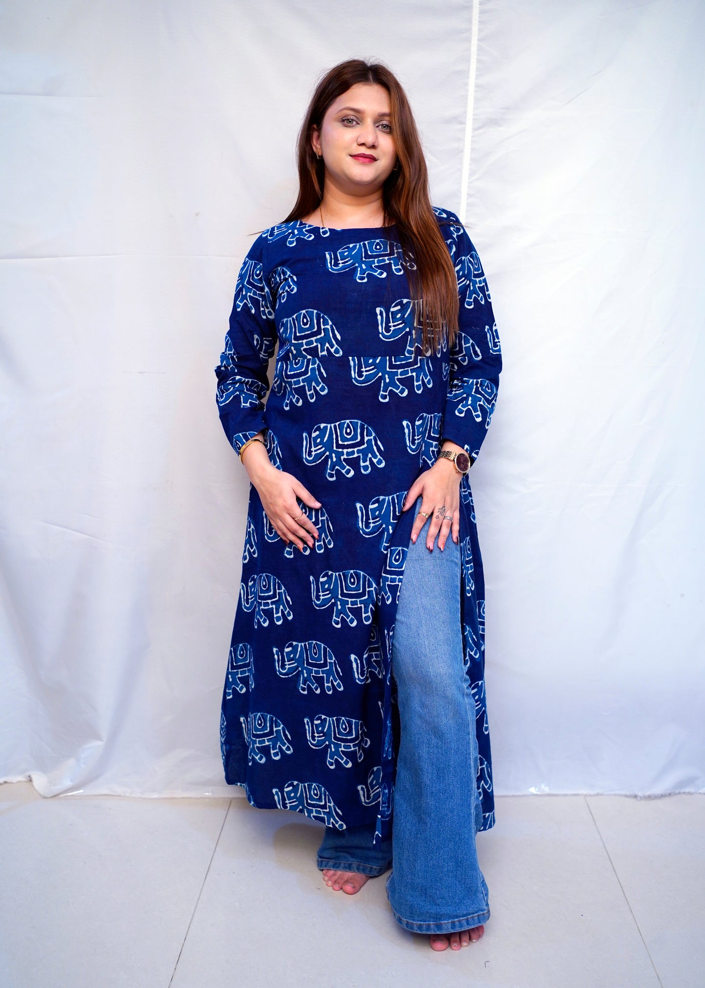 Cotton Dabu Hand Block Printed Long Side Slit Kurti for Women | Rooh E Azah