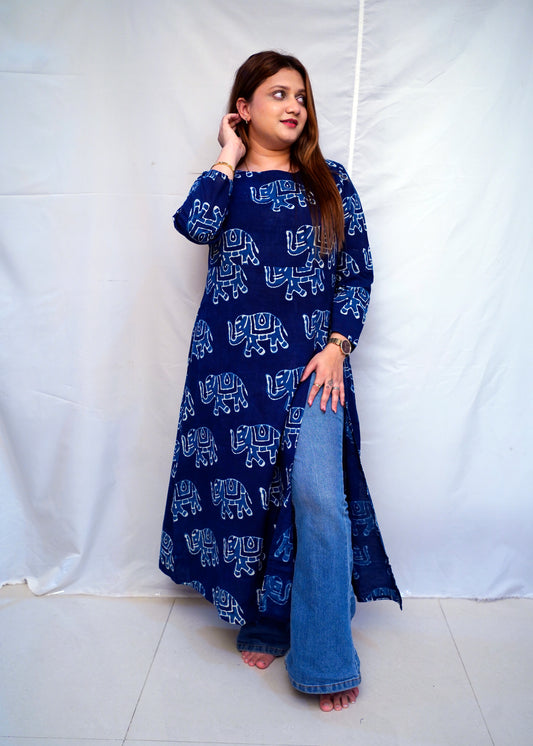 Cotton Dabu Hand Block Printed Long Side Slit Kurti for Women | Rooh E Azah