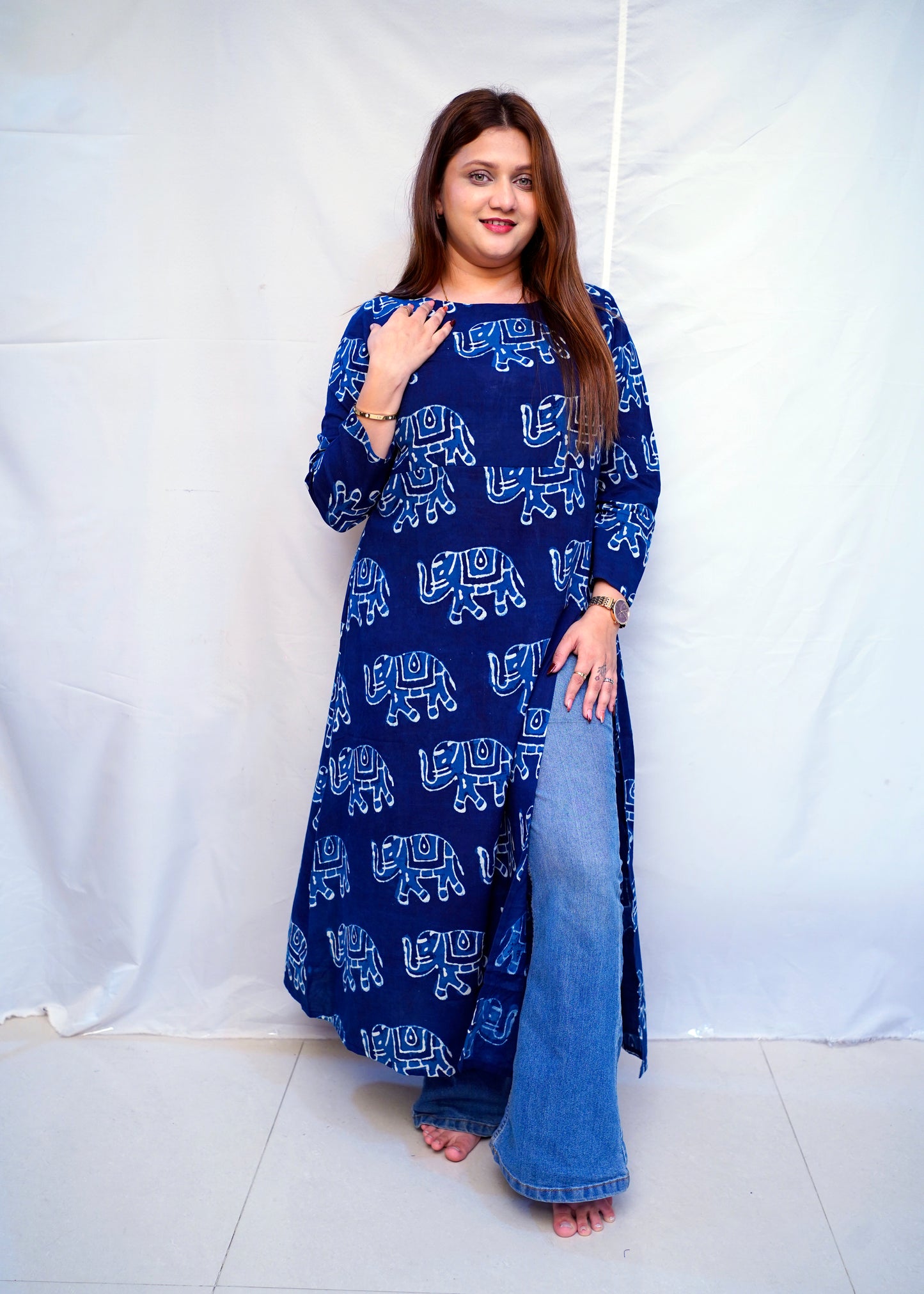 Cotton Dabu Hand Block Printed Long Side Slit Kurti for Women | Rooh E Azah