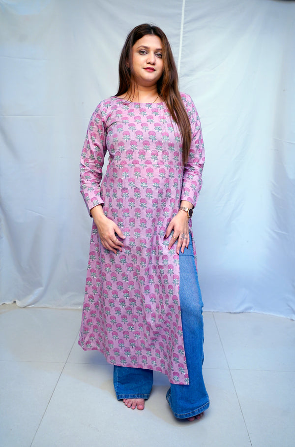 100% Cotton Bagru Hand Block Printed Long Side Slit Kurti for Women | Rooh E Azah
