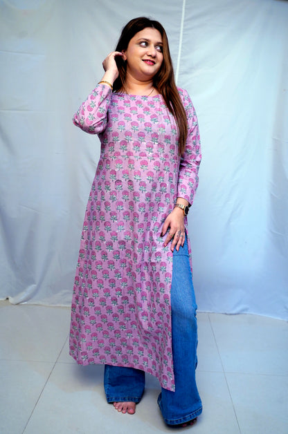 100% Cotton Bagru Hand Block Printed Long Side Slit Kurti for Women | Rooh E Azah