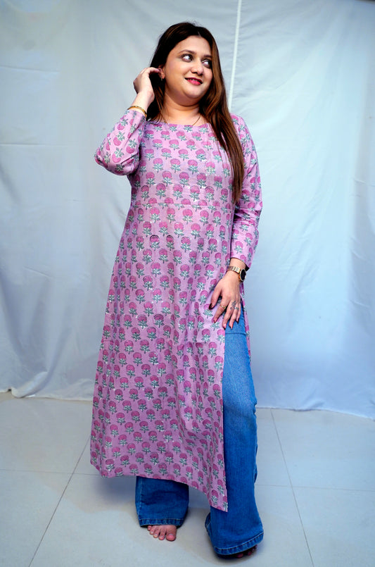 100% Cotton Bagru Hand Block Printed Long Side Slit Kurti for Women | Rooh E Azah