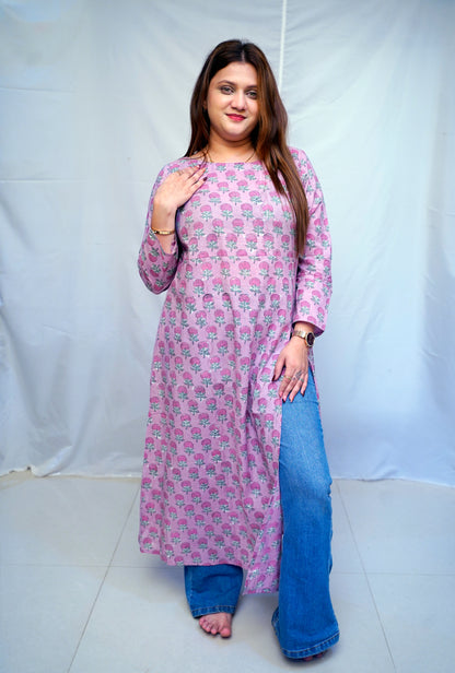 100% Cotton Bagru Hand Block Printed Long Side Slit Kurti for Women | Rooh E Azah