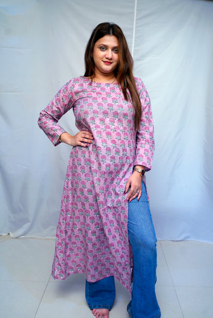 100% Cotton Bagru Hand Block Printed Long Side Slit Kurti for Women | Rooh E Azah