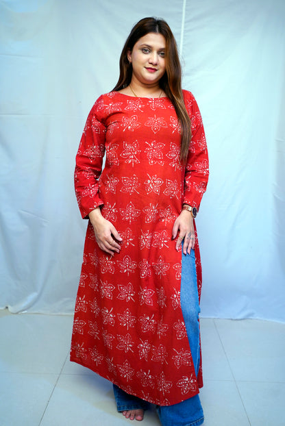 Cotton Dabu Hand Block Printed Red Long Side Slit Kurti | Rooh E Azah