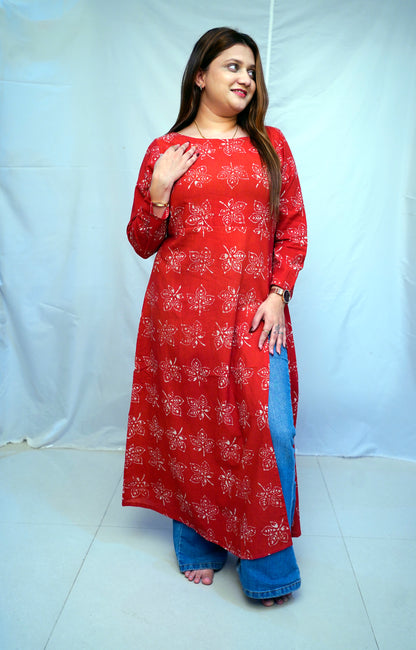 Cotton Dabu Hand Block Printed Red Long Side Slit Kurti | Rooh E Azah