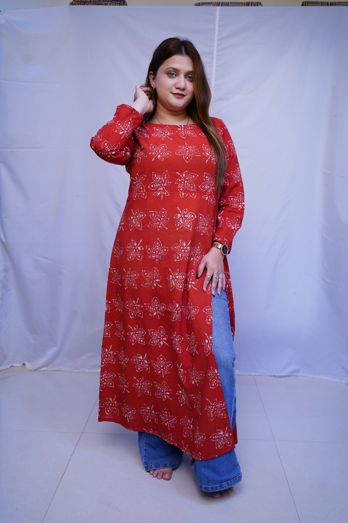 Cotton Dabu Hand Block Printed Red Long Side Slit Kurti | Rooh E Azah