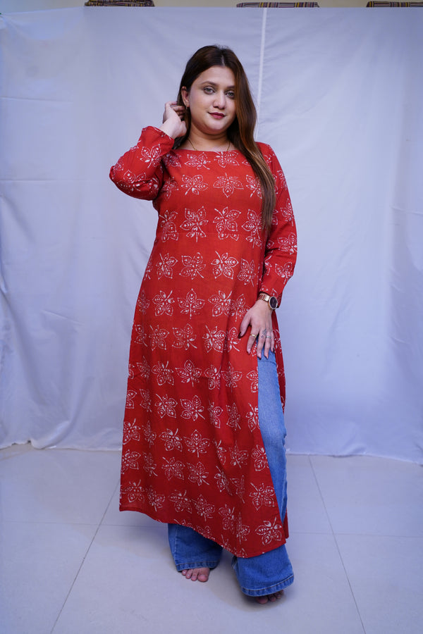Cotton Dabu Hand Block Printed Red Long Side Slit Kurti | Rooh E Azah