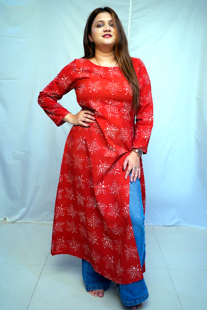 Cotton Dabu Hand Block Printed Red Long Side Slit Kurti | Rooh E Azah