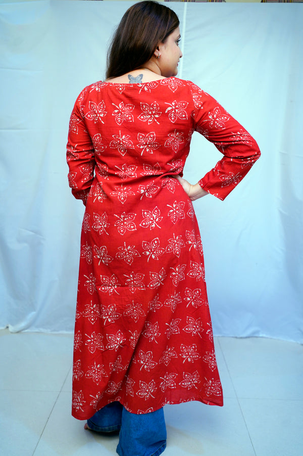 Cotton Dabu Hand Block Printed Red Long Side Slit Kurti | Rooh E Azah