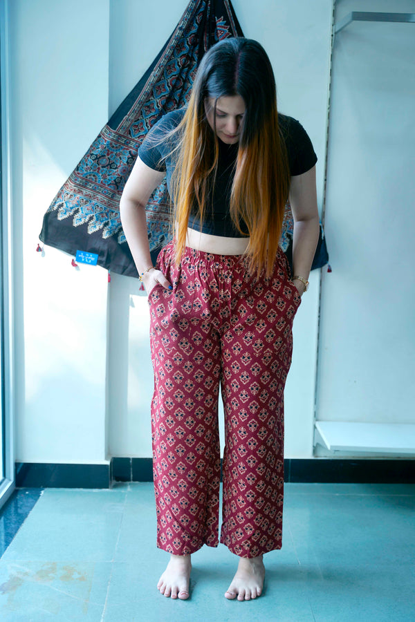 Red Ajrakh Booti Print Palazzo Pants