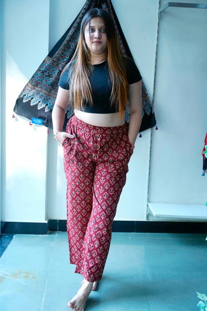Red Ajrakh Booti Print Palazzo Pants