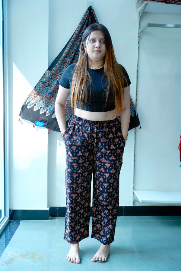 Black Ajrakh Booti Print Cotton Palazzo Pants