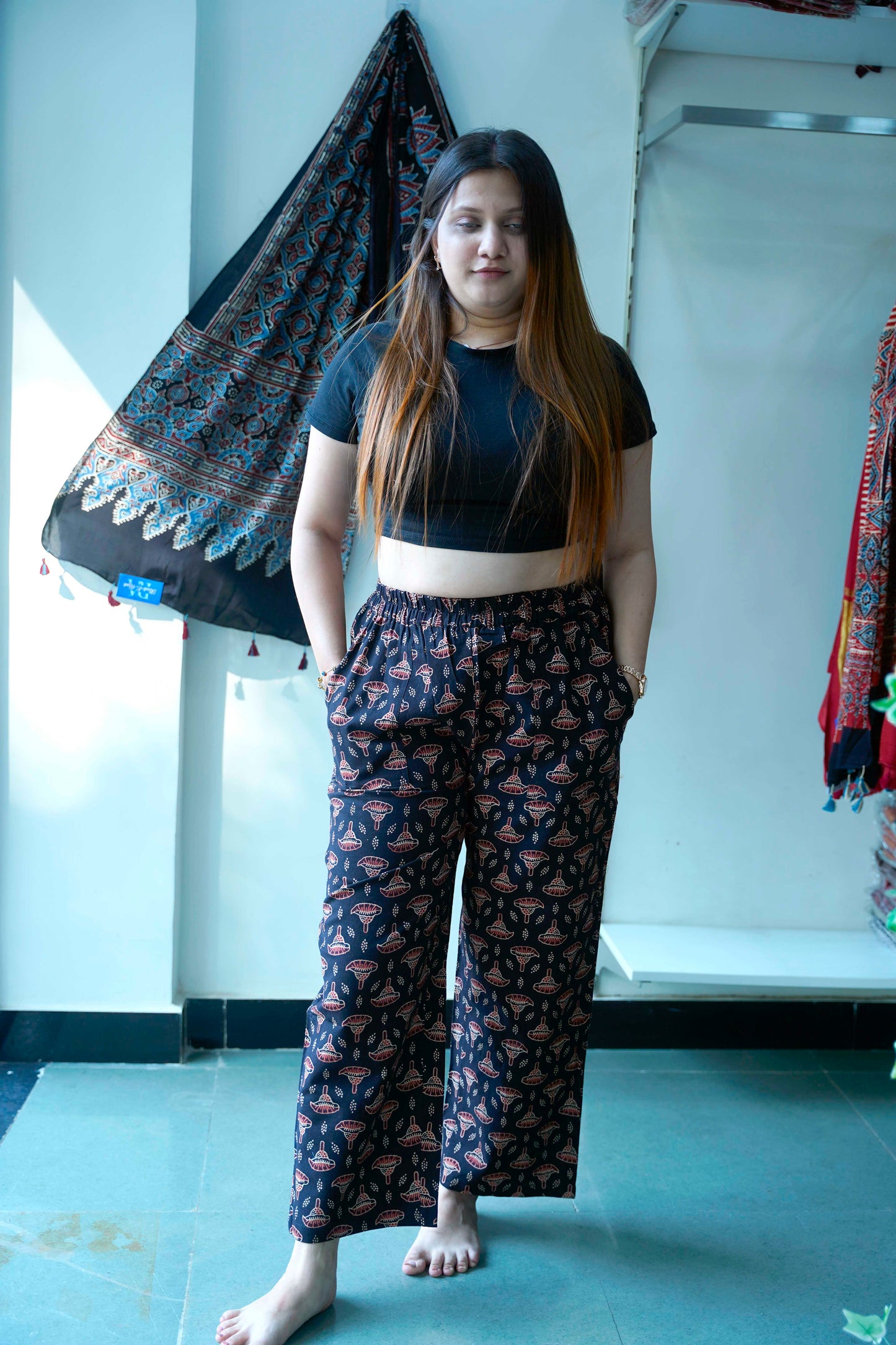Black Ajrakh Booti Print Cotton Palazzo Pants