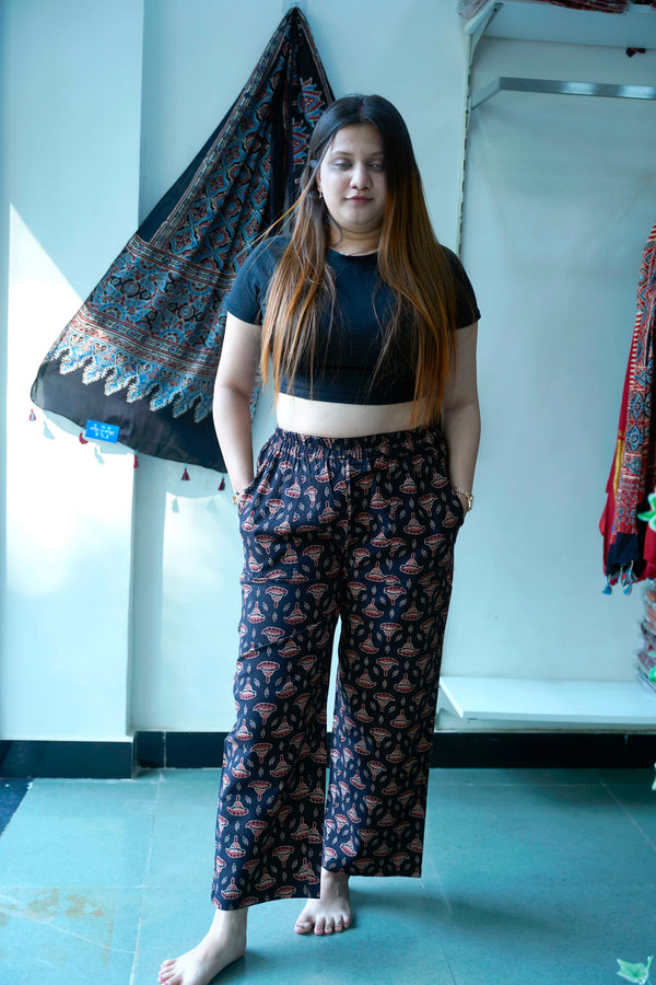 Black Ajrakh Booti Print Cotton Palazzo Pants