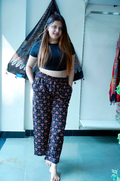 Black Ajrakh Booti Print Cotton Palazzo Pants