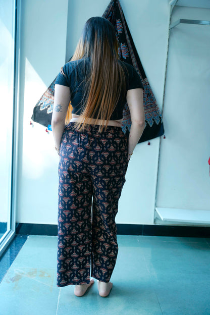 Black Ajrakh Booti Print Cotton Palazzo Pants