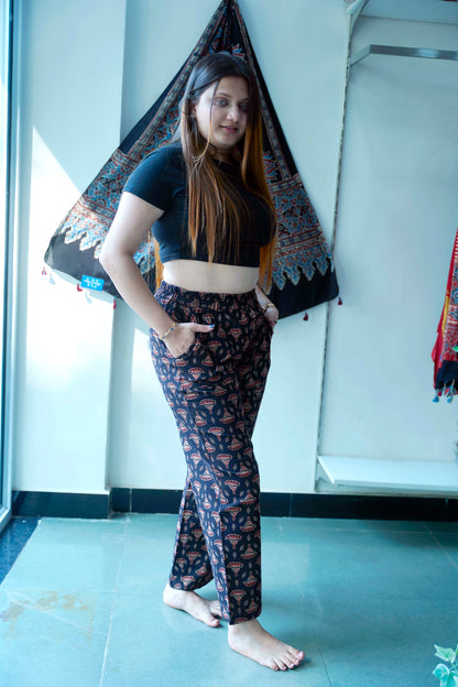 Black Ajrakh Booti Print Cotton Palazzo Pants
