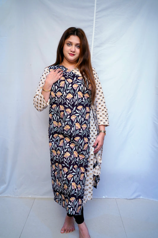 Women’s White Bagru Handblock Printed 100% Cotton Angrakha Kurti | Rooh E Azah