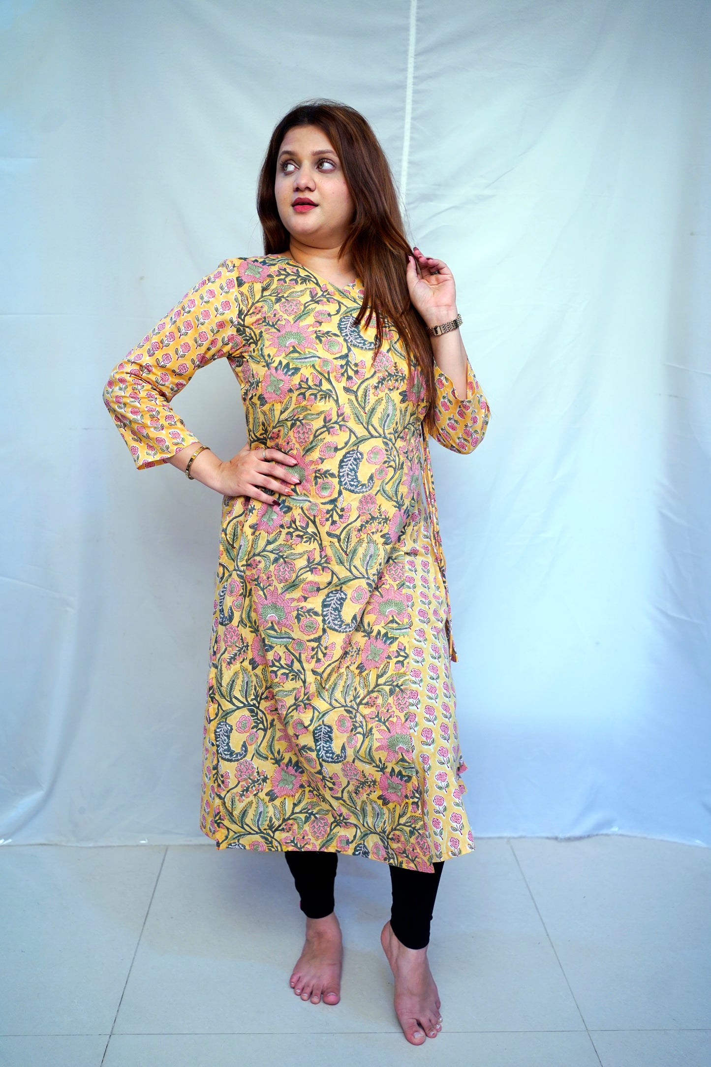 Women’s Yellow Bagru Handblock Printed  Cotton Angrakha Kurti | Rooh E Azah