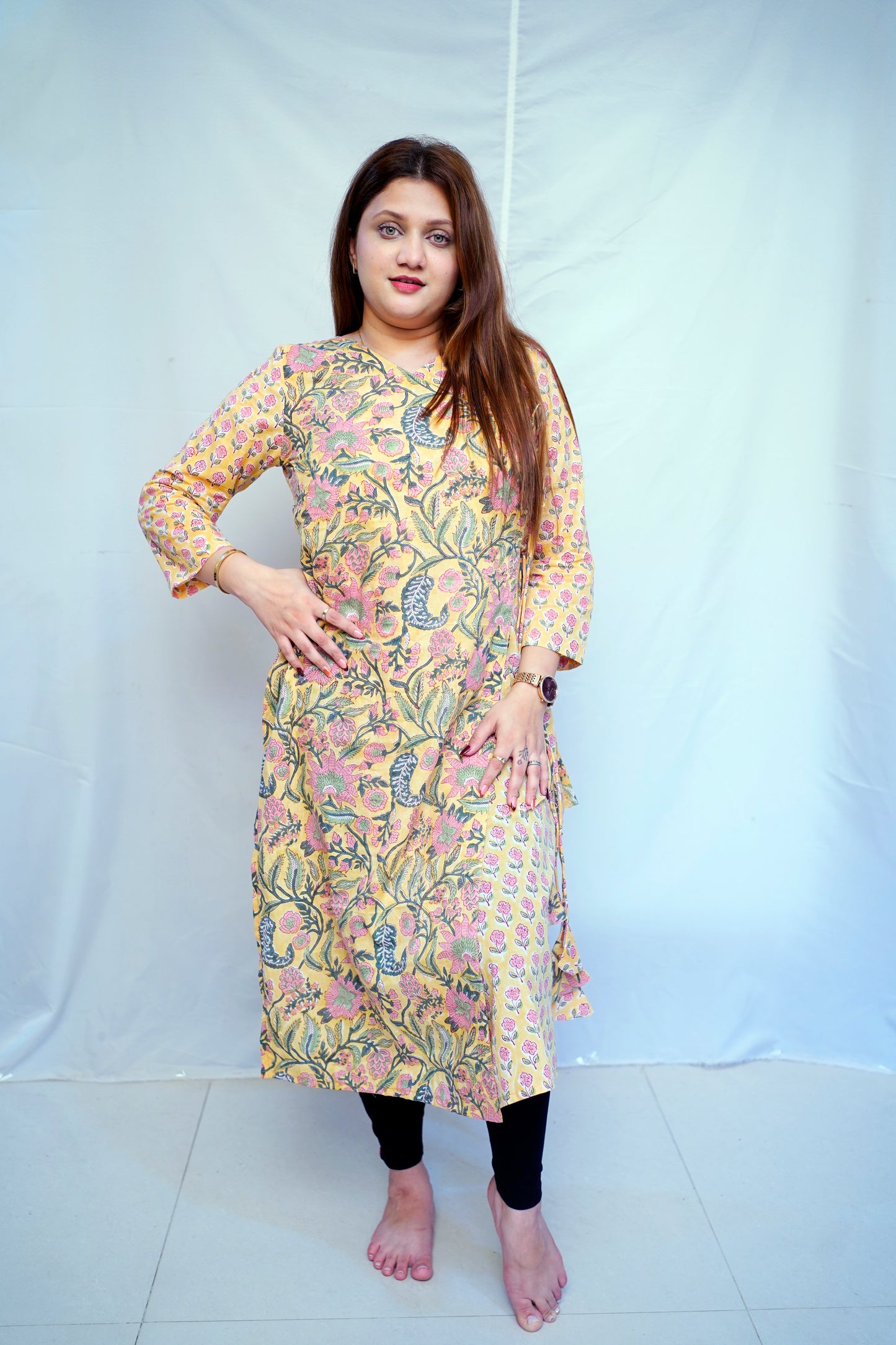 Women’s Yellow Bagru Handblock Printed  Cotton Angrakha Kurti | Rooh E Azah