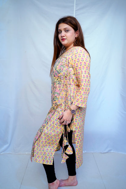 Women’s Yellow Bagru Handblock Printed  Cotton Angrakha Kurti | Rooh E Azah
