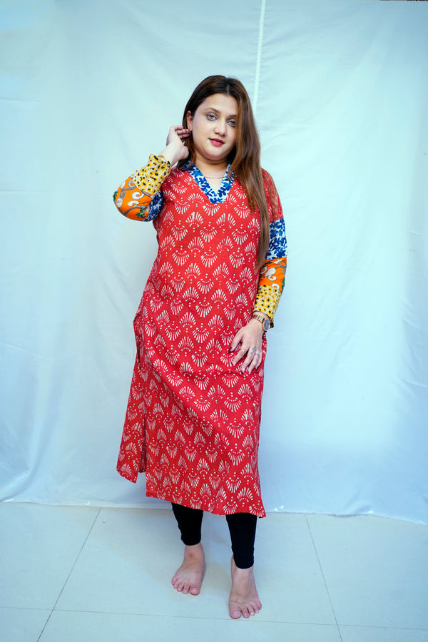 100% Cotton Red Dabu Handblock Printed Long Kurti for Women | Rooh E Azah