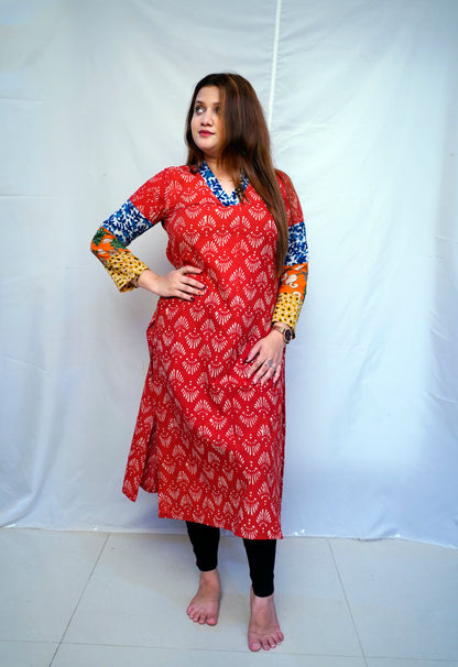 100% Cotton Red Dabu Handblock Printed Long Kurti for Women | Rooh E Azah