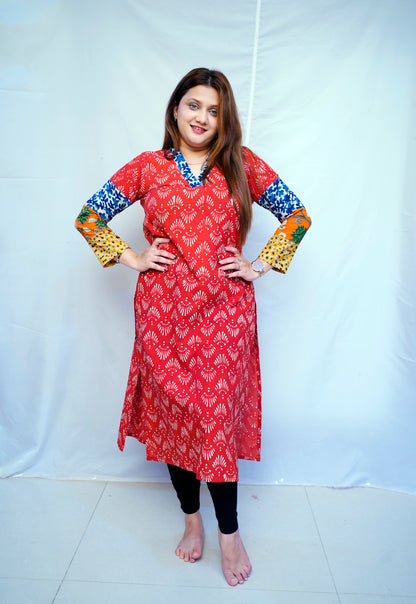 100% Cotton Red Dabu Handblock Printed Long Kurti for Women | Rooh E Azah