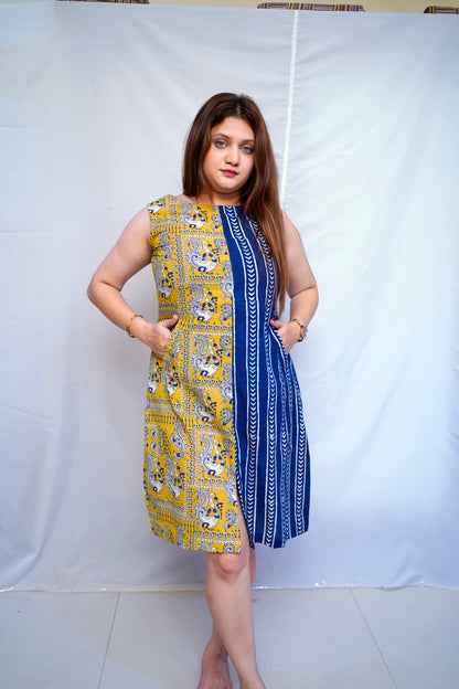 Rooh E Azah Indigo Bagru Handblock Printed Cotton Boat Neck Dress