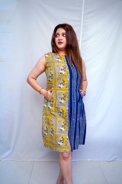 Rooh E Azah Indigo Bagru Handblock Printed Cotton Boat Neck Dress