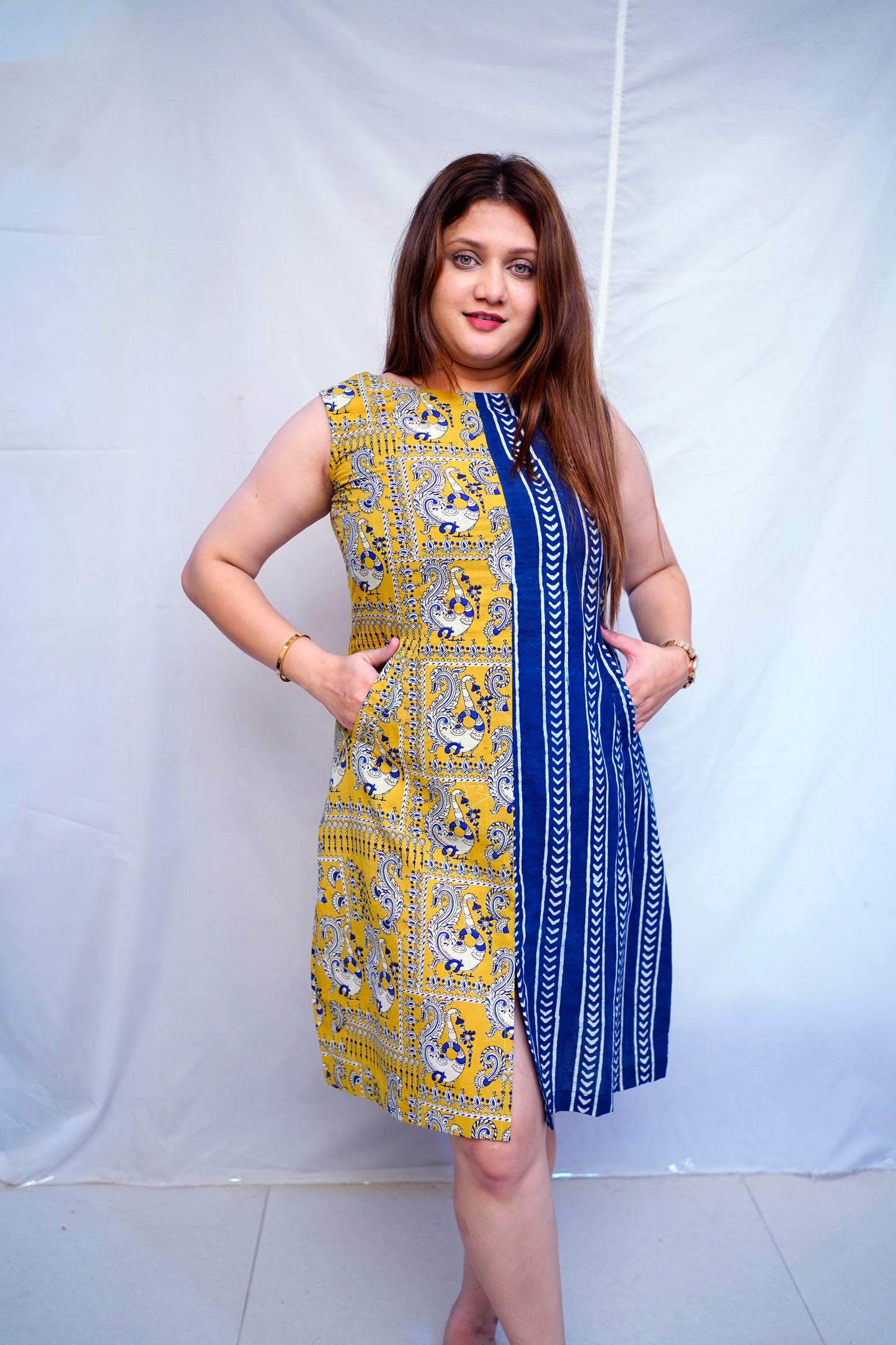 Rooh E Azah Indigo Bagru Handblock Printed Cotton Boat Neck Dress