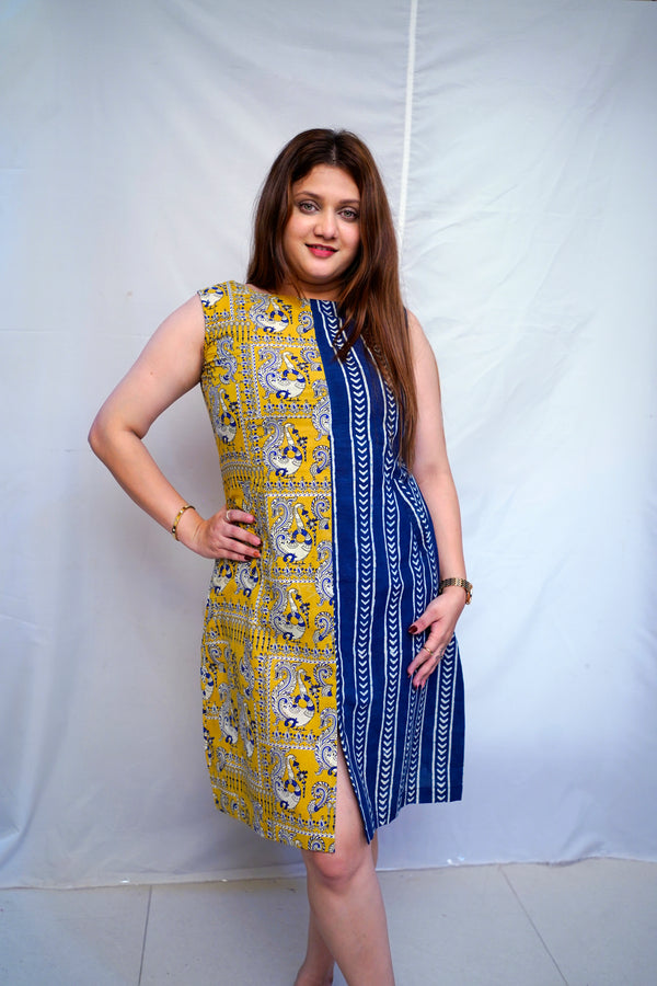 Rooh E Azah Indigo Bagru Handblock Printed Cotton Boat Neck Dress