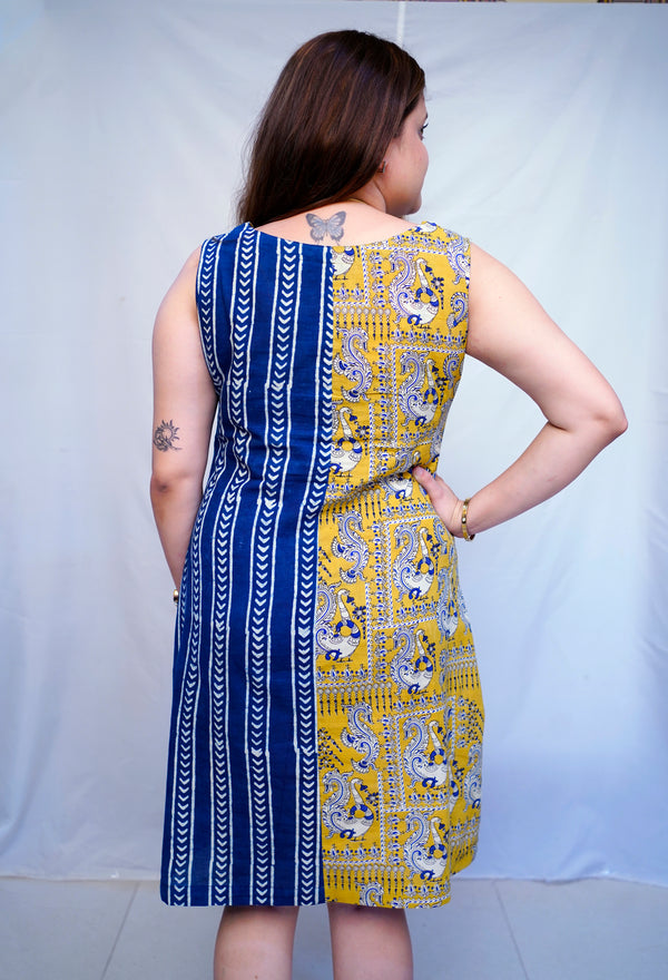 Rooh E Azah Indigo Bagru Handblock Printed Cotton Boat Neck Dress