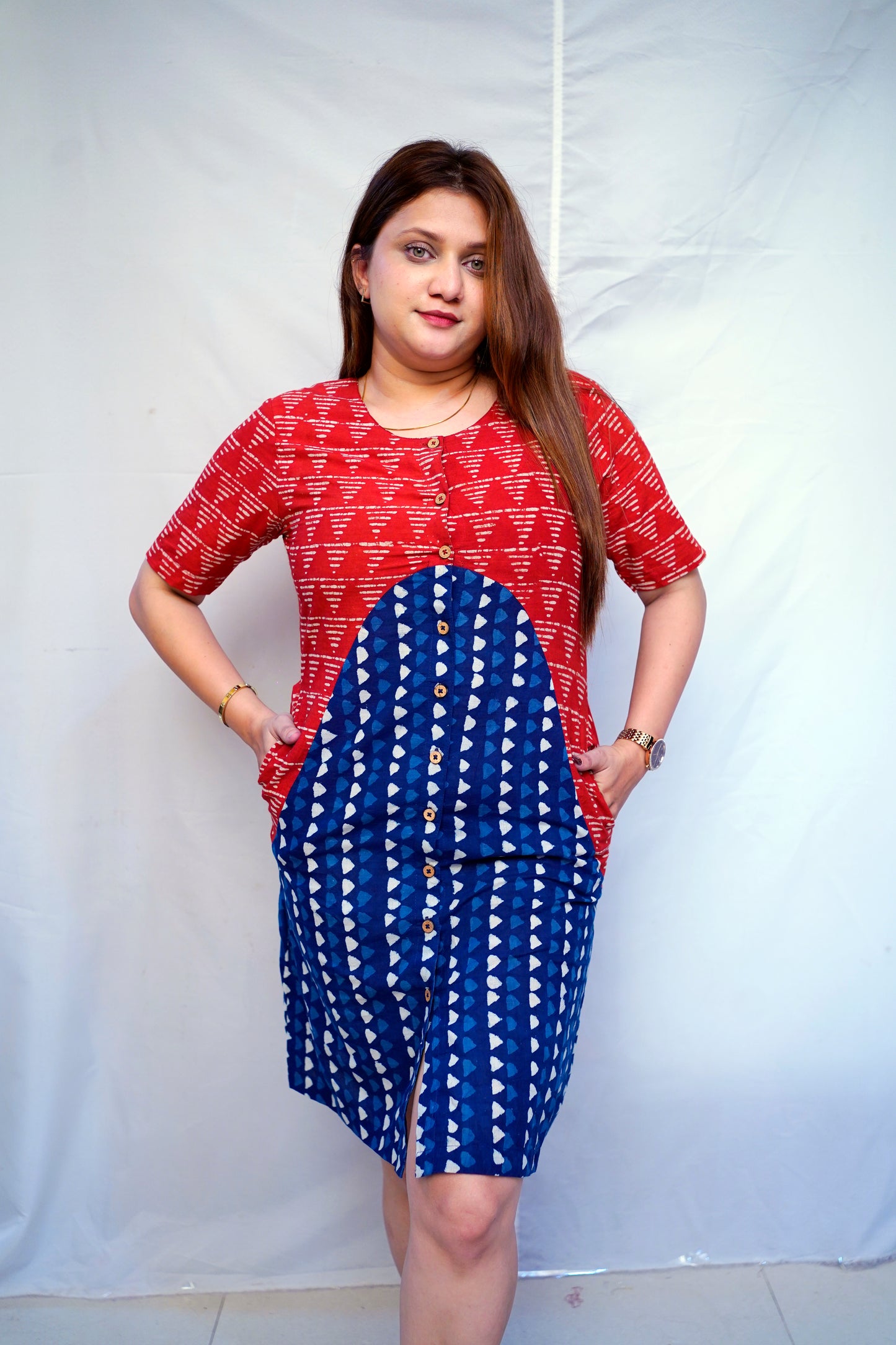 Red Dabu Handblock Printed Cotton Knee-Length Dress | Rooh E Azah