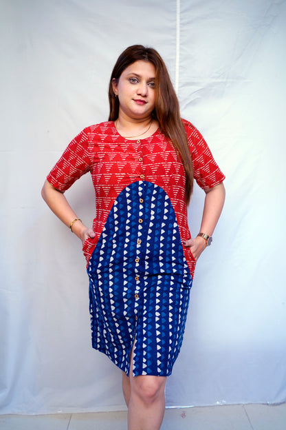 Red Dabu Handblock Printed Cotton Knee-Length Dress | Rooh E Azah