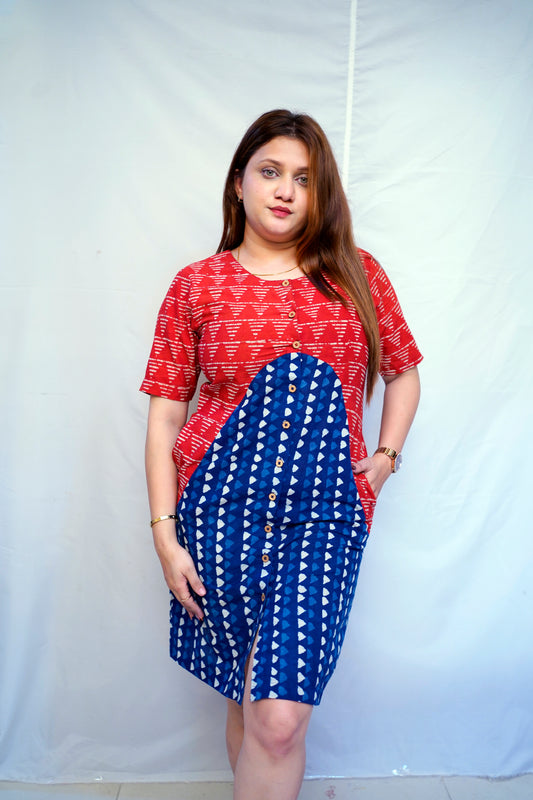 Red Dabu Handblock Printed Cotton Knee-Length Dress | Rooh E Azah