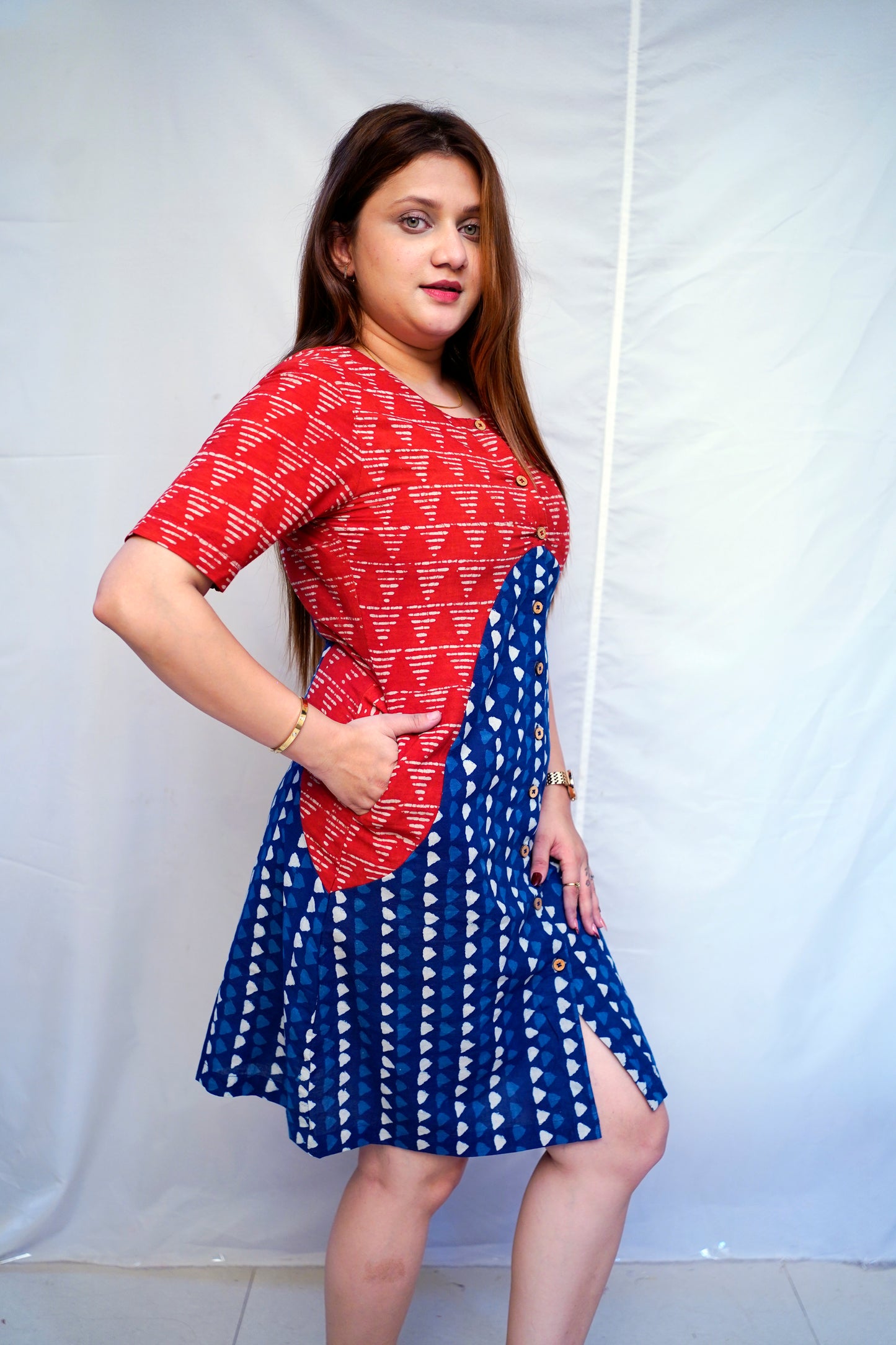 Red Dabu Handblock Printed Cotton Knee-Length Dress | Rooh E Azah