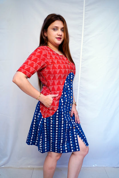 Red Dabu Handblock Printed Cotton Knee-Length Dress | Rooh E Azah