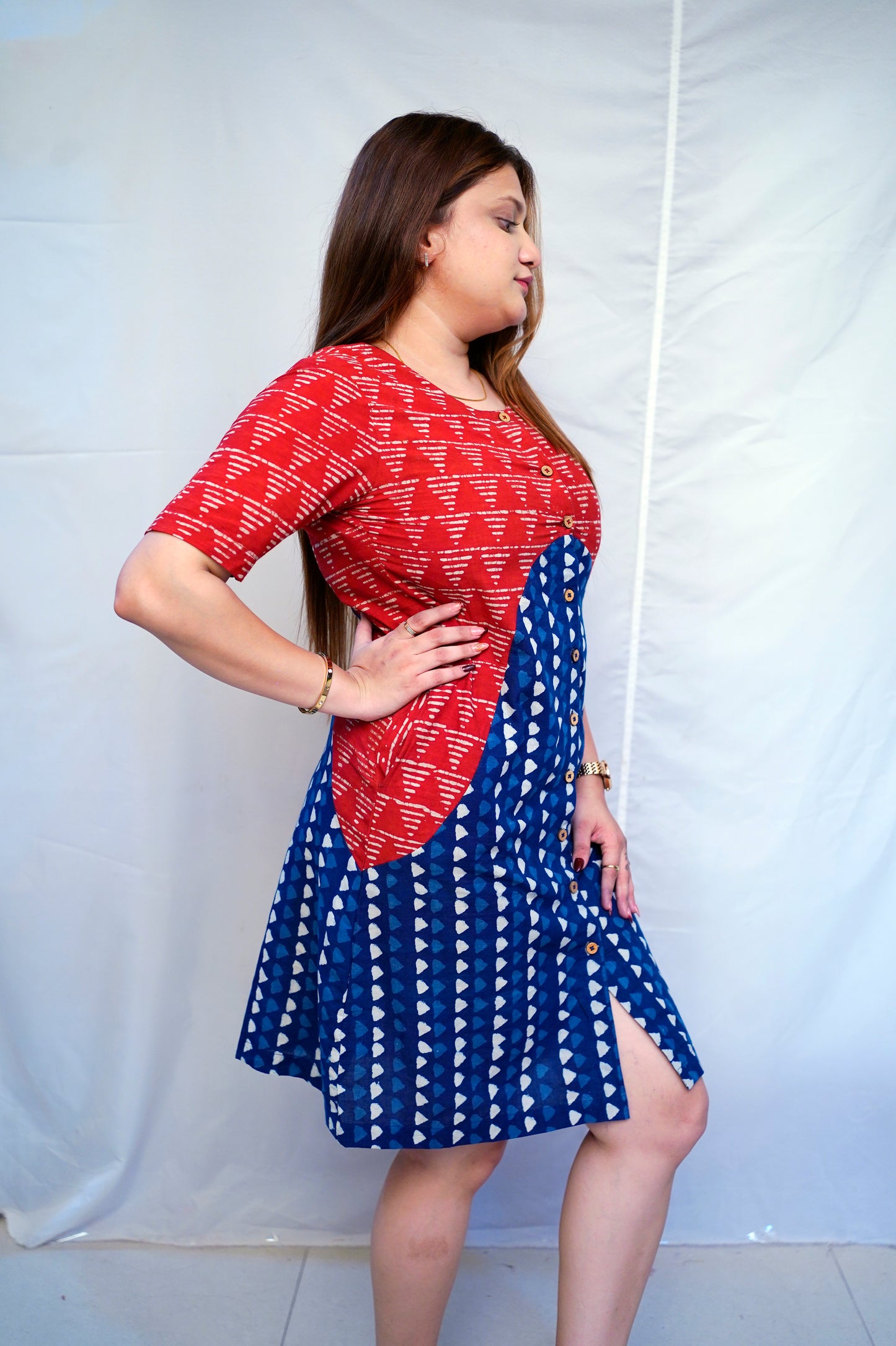 Red Dabu Handblock Printed Cotton Knee-Length Dress | Rooh E Azah